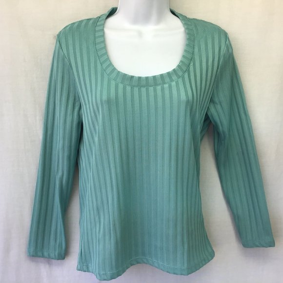 Mango Basics Womens Top Teal Green Ribbed Scoop Neck Long Sleeve Pullover  NWT S - Picture 1 of 7